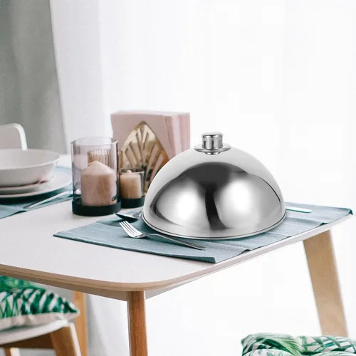 Vista 2 de Cabilock Cubierta de cúpula de alimentos de acero inoxidable con mango de cuentas plateadas, tapa de plato de servir alimentos a prueba de polvo