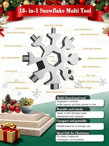 Vista 3 de ZONICE Multiherramienta 18 en 1 de copo de nieve – Acero inoxidable con abridor de botellas y llave, herramienta compacta EDC para camping, pesca
