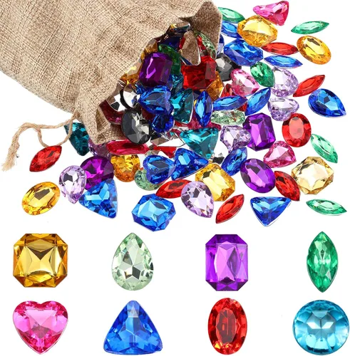 Hicarer 100 piezas de gemas de juguete, tesoro pirata, joyas, gemas acrílicas falsas, diamantes de brillo multicolor, gemas de plástico con bolsa de