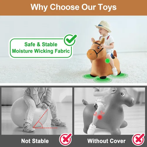 Vista 4 de Hopping Horse, iPlay, iLearn caballo saltarín, inflable, juguetes de felpa de caballo para cabalgar, con bomba (marrón)