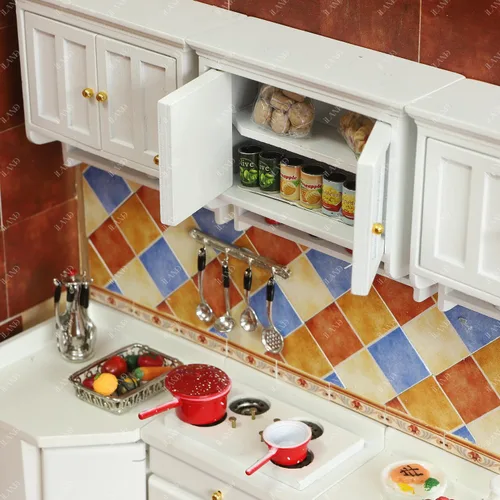 Vista 4 de iLAND Muebles para casa de muñecas a escala 1/12, armario de cocina para casa de muñecas en miniatura, estilo rústico moderno, color blanco