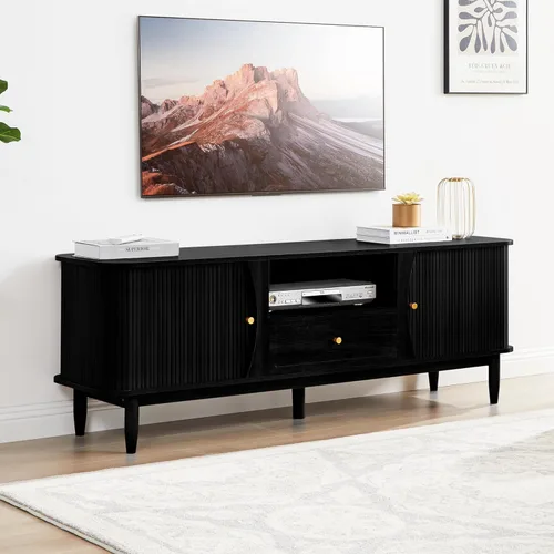 Vista 31 de Soporte de TV, mesa consola multimedia con puerta corredera y compartimento de almacenamiento, centro de entretenimiento moderno con almacenamiento
