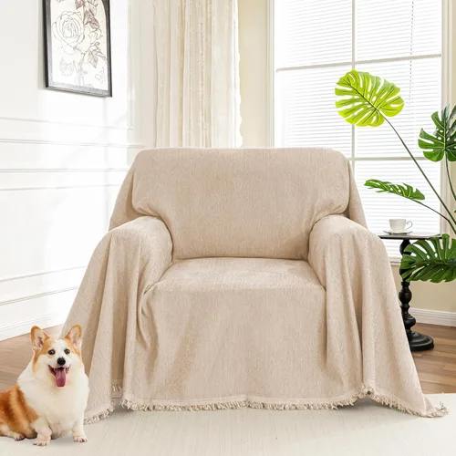 Vista 24 de MYSKY HOME Funda para Sofá de 3 Cojines con Borla, Fundas de Sofá de Chenille Fundas para Sofá, Fundas para Seccional en Forma de L Protector