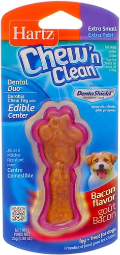 Vista 4 de Hartz Chew N Clean Dental Duo - Juguete masticable para perros, extra pequeño, sabor tocino (paquete de 9)