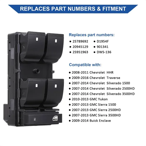 Vista 4 de Interruptor de ventana Power Master del lado del conductor, compatible con Chevy Silverado/Chevrolet Traverse/HHR / GMC Sierra 1500 2500HD 3500HD