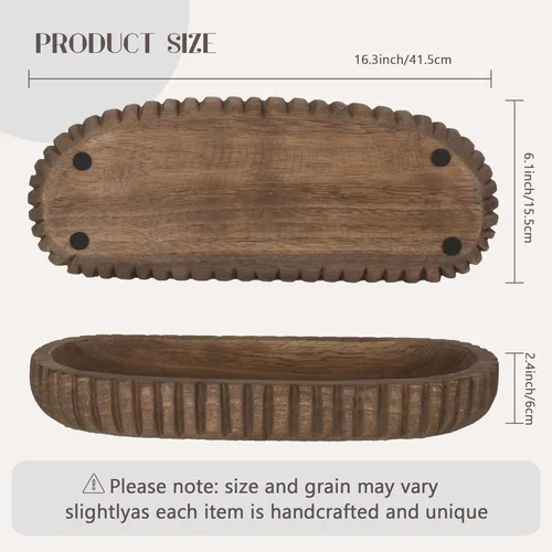 Vista 2 de Oakrain Cuenco decorativo de madera para decoración del hogar, cuenco de masa rústico de 16 pulgadas con rayas verticales talladas a mano, bandeja