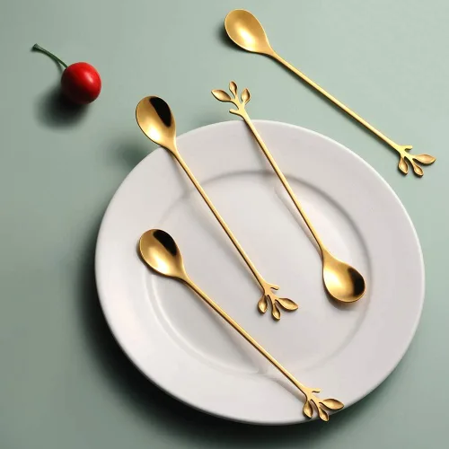 Vista 3 de AnSaw Juego de 6 cucharas de café y té doradas con diseño de hojas de 6.5 pulgadas, mango largo de acero inoxidable, cucharas agitadoras
