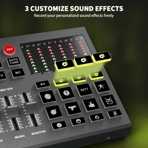 Vista 4 de Paquete de equipo de podcast para 2, mezclador de DJ de interfaz de audio totalmente metálico con micrófono de podcast, cambio de voz, 48 V