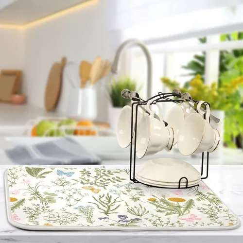 Vista 6 de Alfombrilla de secado de platos con flores botánicas y mariposas para encimera de cocina, absorbente, almohadilla de secado de microfibra, mediana