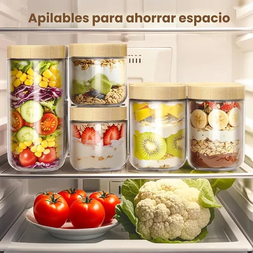 Vista 6 de Paquete de 4 recipientes para avena nocturna de 10 onzas con tapas de bambú, frascos de vidrio con tapas herméticas para preparación de comidas