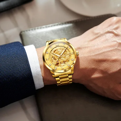 Vista 6 de OLEVS Dragon Skeleton Reloj automático para hombre, 1.654 pulgadas, esfera grande, dorado, de lujo, cuerda automática, impermeable, acero