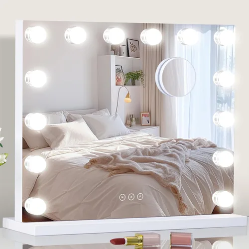 Vista 11 de Espejo de tocador con luces, espejo de maquillaje iluminado con bombillas LED regulables, 3 modos de iluminación de color, puerto de carga USB