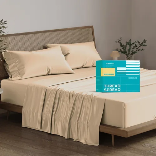 Vista 28 de Thread Spread - Juego de sábanas de 100% algodón egipcio con tejido de satén de 800 hilos de la colección Exotic Hotel, color blanco y marfil