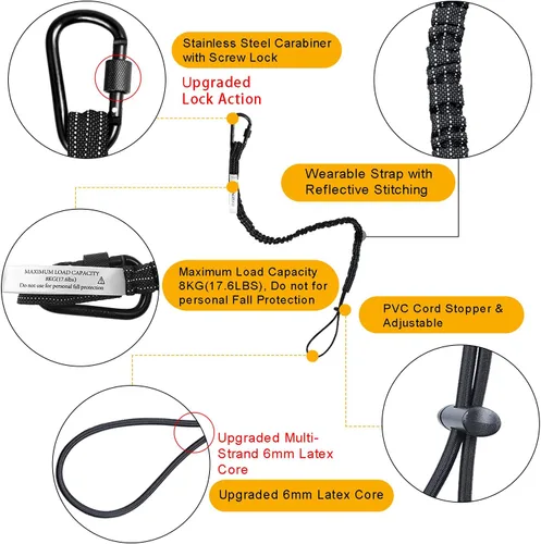 Vista 2 de Paquete de 3 cordones retráctiles para herramientas, correa de seguridad para herramientas de protección contra caídas con mosquetón de bloqueo