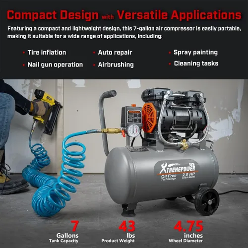 Vista 5 de XtremepowerUS 2HP Tanque de compresor de aire ultra silencioso de acero sin aceite 60 dB Tanque de 7 galones, 4.9 CFM a 116 PSI, ideal para tiendas