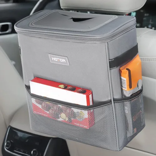 Vista 14 de Hotor Cesto de basura marrón, para automóvil, con correa ajustable, broches magnéticos, forro impermeable y bolsillo de almacenamiento