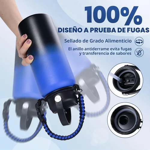 Vista 7 de Botella de Agua Aislada, botellas de agua de boca ancha de acero inoxidable de 32 onzas con 2 tapas a prueba de fugas y mango de paracord, botella