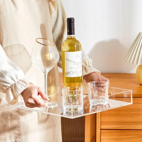 Vista 3 de Bandeja de servir transparente y resistente de acrílico con asas 12x12x2 pulgadas - a prueba de derrames - Organizador de bandejas decorativas