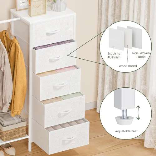 Vista 4 de Snughome Cómoda con estante para colgar, perchero para colgar ropa con 5 cajones, cómoda blanca con perchero, cómoda de almacenamiento de tela