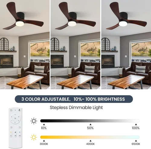 Vista 4 de GESUM 42" Ceiling Fan with Lights Remote Control, Low Profile Ceiling Fan with 3 Walnut Wood Blades, Reversible,Dimmable, Flush Mount Ceiling Fans