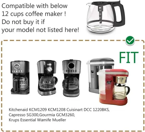 Vista 2 de Cafetera de vidrio para cafetera, cafetera de 12 tazas, compatible con KitchenAid KCM1209 KCM1208, Cuisinart DCC 1220BKS, Capresso SG300, Gourmia