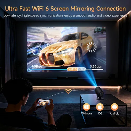 Vista 7 de Mini Proyector con WiFi y Bluetooth, Proyector Portátil Nativo 1080P Compatible con 4K con Soporte Ajustable de 180°, Pantalla Máxima de 180