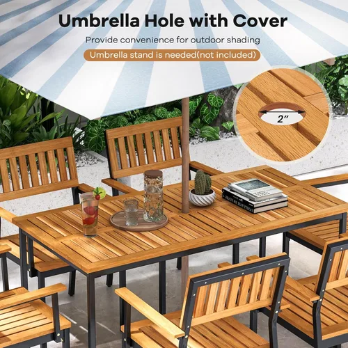 Vista 3 de Tangkula Juego de comedor al aire libre de 7 piezas para 6, mesa de comedor rectangular de madera de acacia y 6 sillones con marco de metal, agujero