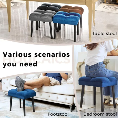 Vista 27 de HOUCHICS Taburete otomano negro, taburete cuadrado de maquillaje con patas de madera, taburetes otomanos pequeños para tocador, taburete acolchado