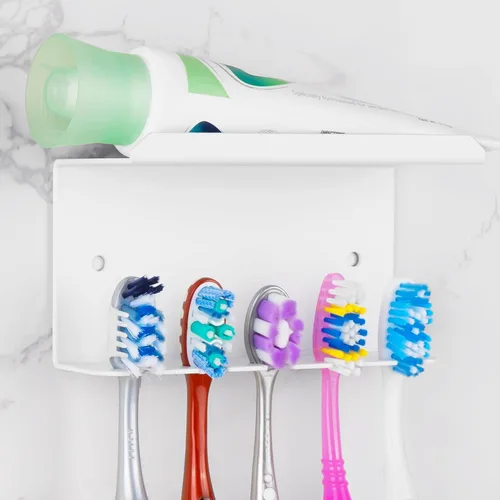 Vista 7 de Linkidea Soporte para cepillo de dientes montado en la pared para ducha, autoadhesivo de aluminio, 5 ranuras, cepillo de dientes y pasta de dientes
