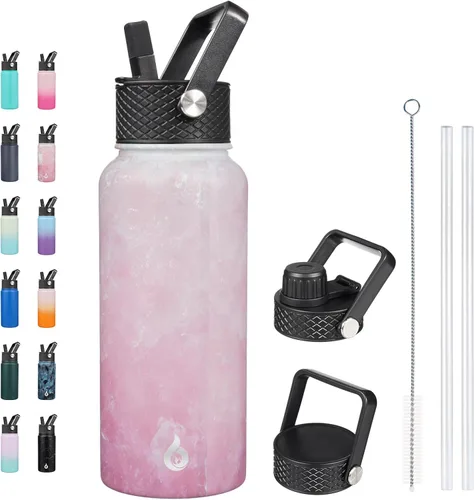 Vista 109 de BJPKPK - Botellas de agua aisladas con tapa de popote, botella de agua de acero inoxidable de 27 onzas con 3 tapas, termo de metal libre de BPA a