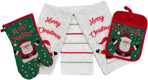 Vista 10 de Paños de Cocina y Agarraderas Navideños - Juego Alegre de Navidad de 4 Piezas 100% Algodón Verde Rojo Blanco - Dos (2) Paños de Cocina, Un (1)