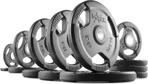 Vista 16 de XMARK TRI-GRIP - Par o juego de discos de peso olímpicos, pesas de ejercicio con revestimiento de goma para barra olímpica, juego de pesas