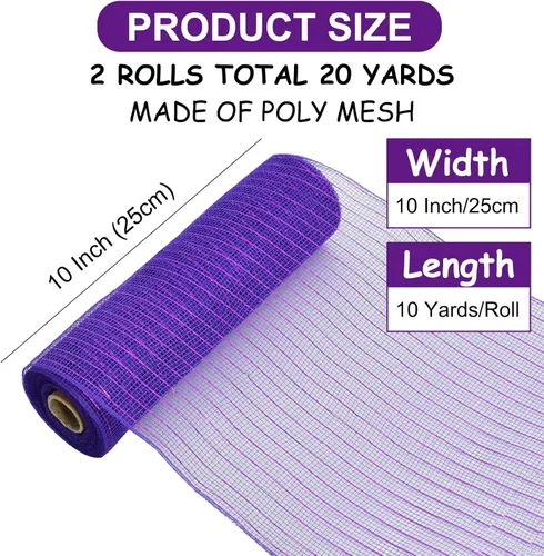 Vista 2 de TONIFUL 2 rollos de 10 pulgadas de cinta de malla decorativa morada, malla de tela con lámina para suministros de corona, adornos de puerta