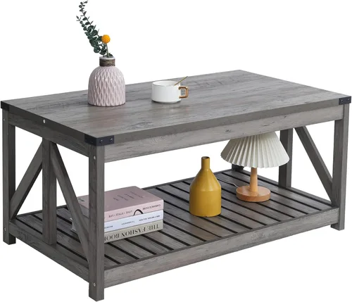 Vista 3 de Rainbow Sophia Mesa auxiliar, mesa de centro de granja con estante de listones y protección de esquina, 40 pulgadas, roble lavado