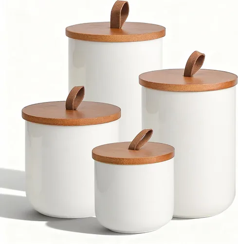 Vista 11 de Juego de recipientes de cerámica negra con tapas de bambú, tarros herméticos de almacenamiento de alimentos de 3 piezas para cocina, harina, azúcar