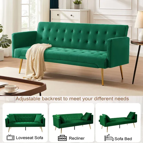 Vista 55 de Sofá cama moderno de terciopelo de 72 pulgadas, sofá cama plegable convertible con 3 respaldos ajustables, sofá biplaza reclinable copetudo