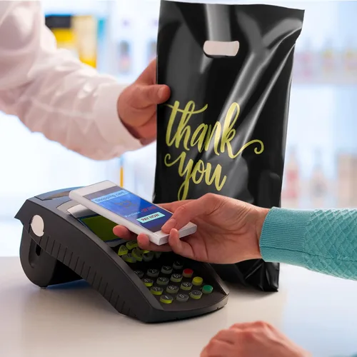 Vista 6 de Eersida 200 bolsas de plástico de agradecimiento con asas, bolsas de plástico troqueladas, bolsas de mercancía de compras a granel, 3 tamaños