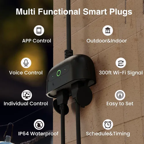 Vista 2 de GHome Smart - Enchufe inteligente para exteriores, enchufe Wi-Fi inteligente para el hogar con 2 tomas, resistencia a la intemperie IP64, compatible