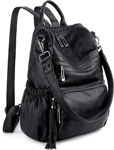 Vista 9 de UTO Mochila de piel vegana para mujer, diseño de moda, convertible, bolsa de hombro con borla, Mochilas tipo mochila