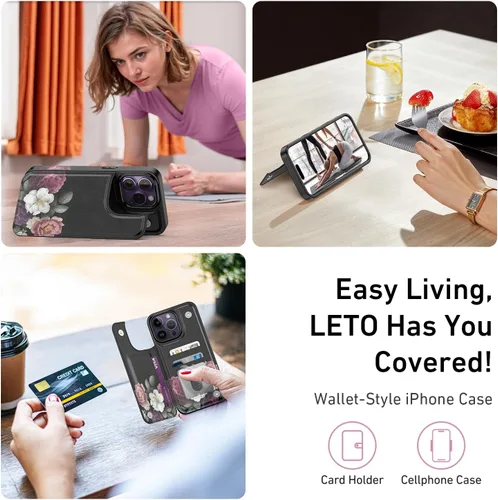 Vista 897 de LETO para iPhone 15 Pro Funda tipo cartera - Tapa tipo folio con patada - Diseños de moda - Tarjetero - Funda protectora para mujeres y niñas - 6.1