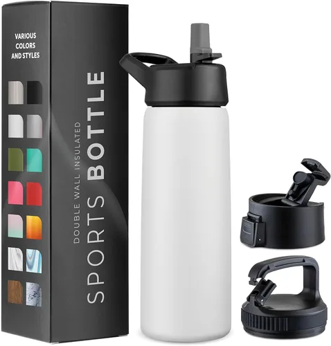 Vista 11 de Botellas de agua de acero inoxidable con triple aislamiento con pajilla, botellas de agua reutilizables aisladas de 25 onzas con 3 tapas, botella