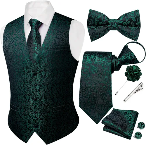 Vista 22 de DiBanGu Conjunto de chaleco de traje de cachemira y corbata preatada para Dorado y Negro