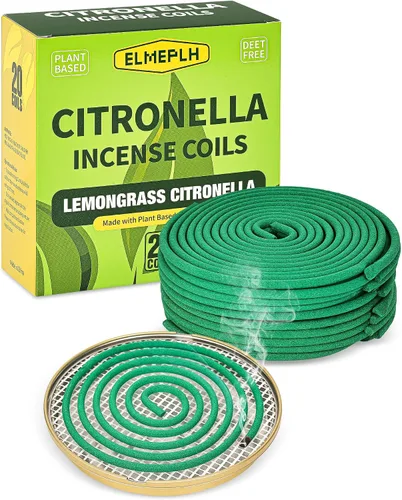Bobina de incienso de citronela para exteriores, cada una se quema durante 8 horas (contiene 20 bobinas y 1 soporte)