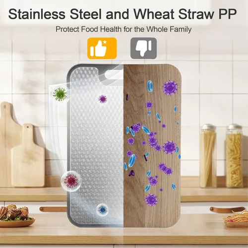 Vista 4 de Stainless Steel Cutting Board, Double-Sided with Wheat Straw PP, Non-Slip 3D Cube Design, Large 15.75" x 11" Cutting Board for Kitchen, Chopping