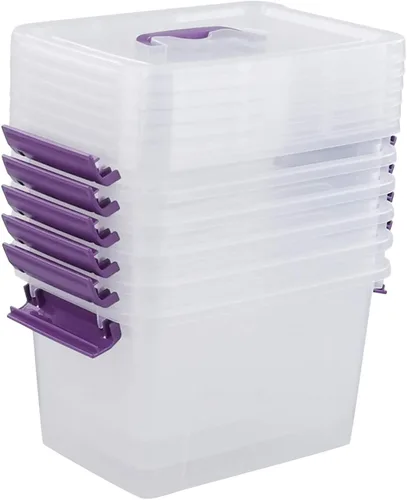 Vista 6 de Contenedor de plástico transparente con tapa, caja de cierre de 6 cuartos de galón con mango morado, 6 paquetes