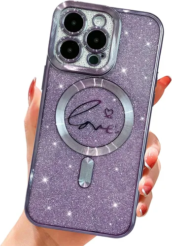Vista 16 de Funda magnética transparente con purpurina para iPhone 14, compatible con Magsafe, diseño de corazón de amor, chapado de lujo, protector completo