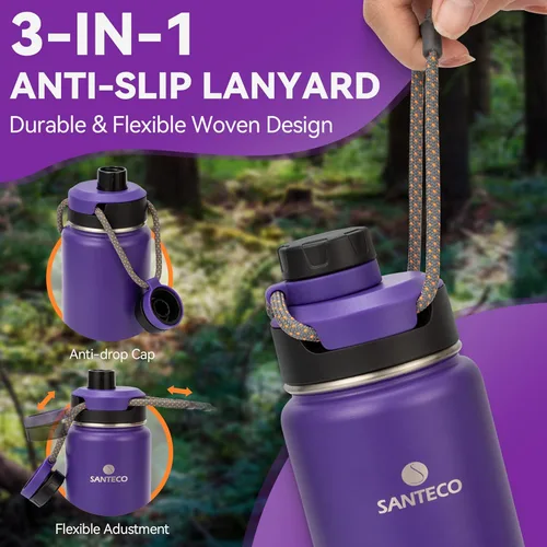 Vista 2 de Santeco - Botellas de agua aisladas de 24 onzas, botella de acero inoxidable con cordón y tapa de boca ancha, a prueba de fugas, botella de agua