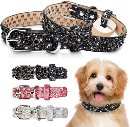 Vista 7 de Collar de perro de cuero con diamantes de imitación para perros pequeños, medianos y grandes, cuero de microfibra suave con diamantes brillantes