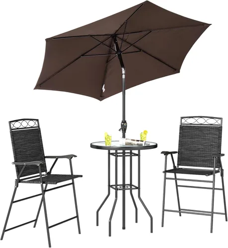 Vista 10 de Outsunny Juego de 4 muebles de comedor para patio al aire libre, 2 sillas plegables, paraguas de ángulo ajustable, mesa de comedor de vidrio Beige