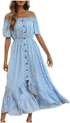 Vestidos de verano para mujer 2023, falda estampada de moda, manga corta, hombros descubiertos, vestido francés irregular, vestidos de verano,